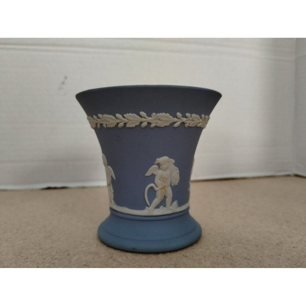 3 1/2" Wedgwood Blue Jasperware Trumpet Vase Cherubs Pattern